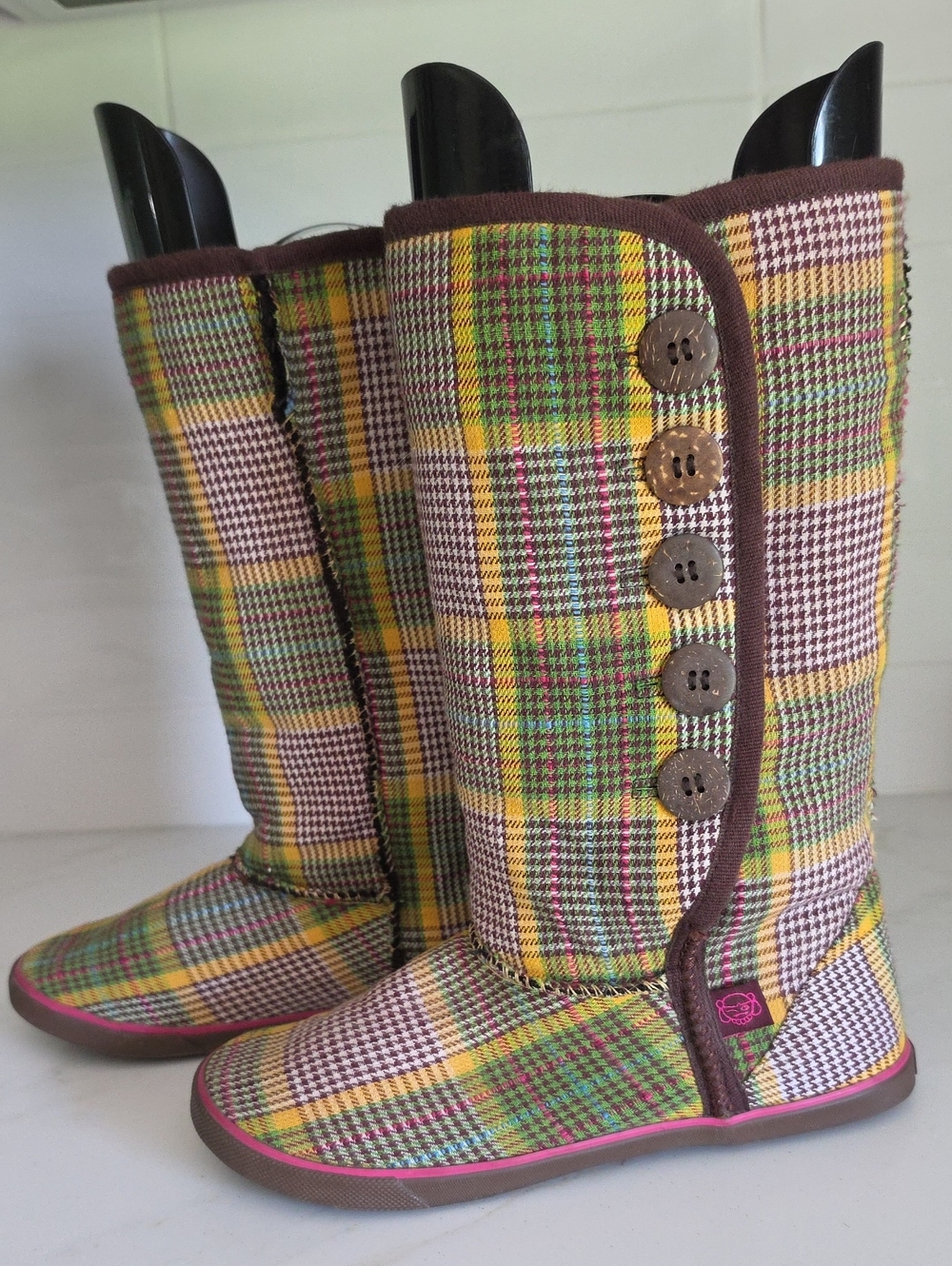 Sugar Brand Plaid Houndstooth Mid-Calf Winter Boots - Wood Buttons - Size 7